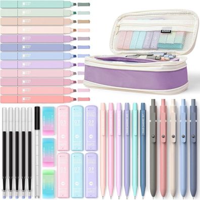 39-teiliges Schulmäppchen-Set: Textmarker, Gelstifte, Druckbleistifte, Aesthetic