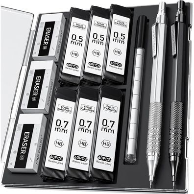 2Pcs Schwarz Metall Druckbleistifte 0,5mm 0,7mm Set Etui Künstler 360HB Mine