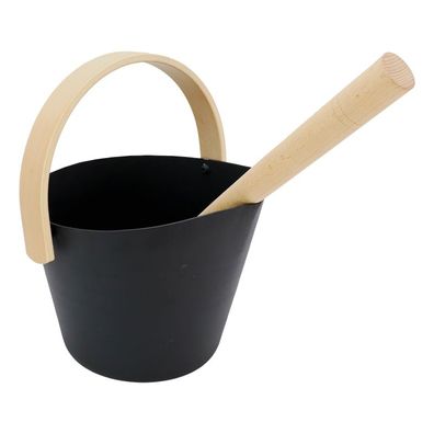 Nikkarien Saunakübel 6 l mit Saunakelle 50 cm in Schwarz aus Aluminium mit Holzgriff