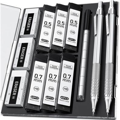 2er Set Sliver Metall Druckbleistifte 0,5mm 0,7mm HB Mine Kunst Schreiben