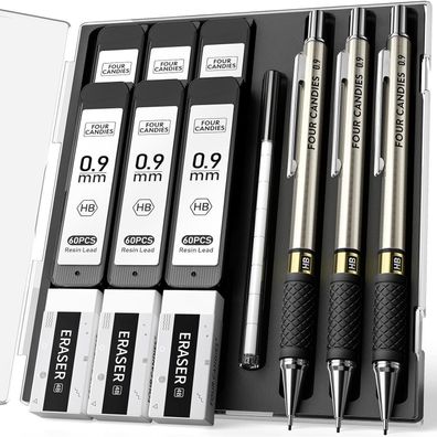 Druckbleistift Set 3 Stück Metall 0,9 mm HB Minen Radiergummis Etui - für