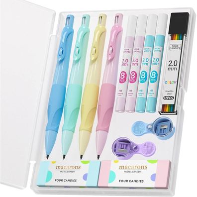 4 Candies Ergonomisches Druckbleistift Set Kinder 4 niedliche Stifte 2MM 44 HB