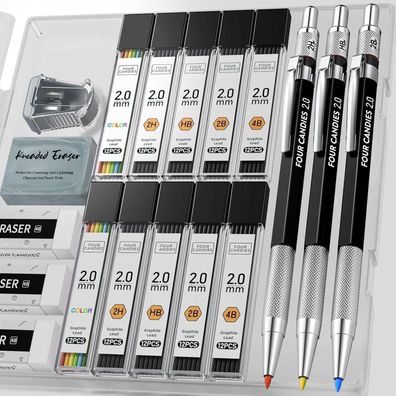 Druckbleistift Set 2mm mit 120 Graphitminen, Radiergummis, Spitzer - 19tlg