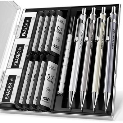 4 Stück Druckbleistift Set 0,7 mm Metall Bleistifte 8 Tuben HB Blei 4B