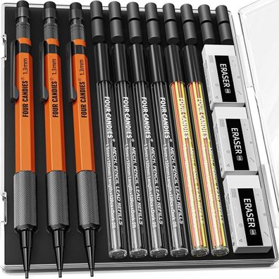 3er Set Metall-Druckbleistift 1,3mm mit Etui, 48