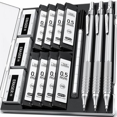 Metall-Künstlerbleistift-Set 0,5mm in Etui mit 480 Stück HB-Minen, Radiergummis