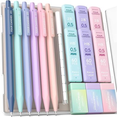 Druckbleistift Set 0.5 mm 6PCS mit Minen, Radiergummis, Etui - Niedlich