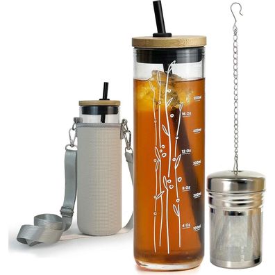 Trinkbecher 600ml Glas mit Strohhalm Bambusdeckel Grau 21oz