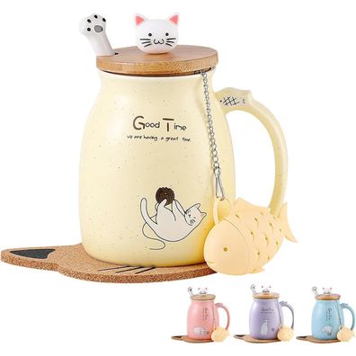 Süße Katzen-Tasse Keramik Kaffeetasse Geschenk Frauen 380ML Gelb