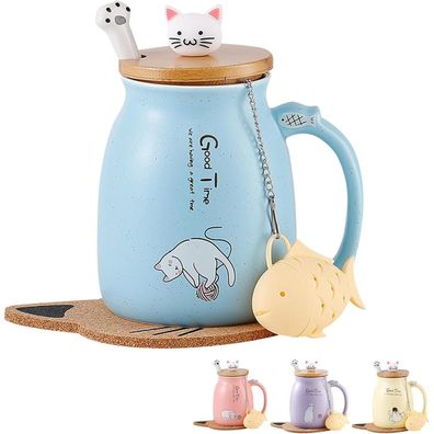 Süße Katzen-Tasse Keramik mit Deckel und Löffel 380ML Blau