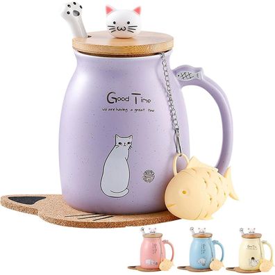 Katzen-Tasse Keramik mit Deckel und Löffel 380ml Lila - Weihnachtsgeschenk