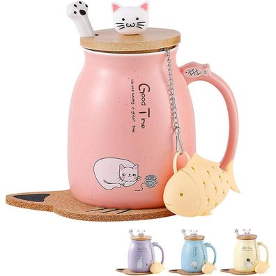Süße Katzen-Tasse Keramik Kaffeetasse mit Deckel und Löffel Neuheit Geschenk