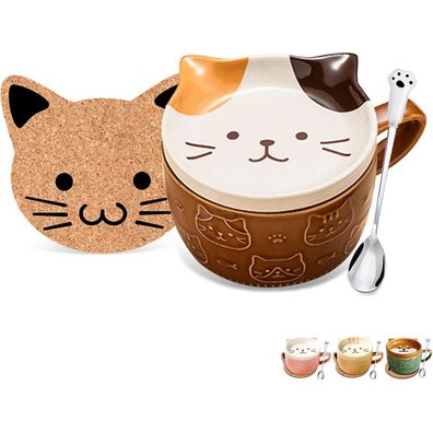 Süße Keramik Katzen Tassen mit Deckel Set für Kaffee Tee - Geschenk für