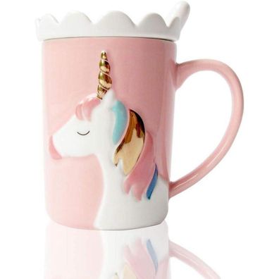Rosa Einhorn Keramik Tasse 3D Handbemalt Teetasse Deckel Löffel 370ml Kinder