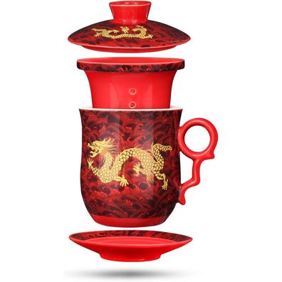Yurroad Chinesische Teetasse 4-in-1 mit Sieb Deckel 400ml Porzellan Drache Rot