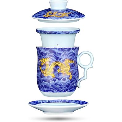 Chinesische Teetasse Kaninchen Porzellan 415ml Teebecher Handgriff Deckel Sieb