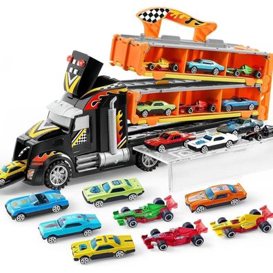 JOYIN Transporter Truck Spielzeugauto Set für Jungen 3 4 5 6, 12 Rennautos Sound
