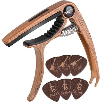Anpro Gitarre Kapodaster mit 6 Plektrum Picks Holzfarbe