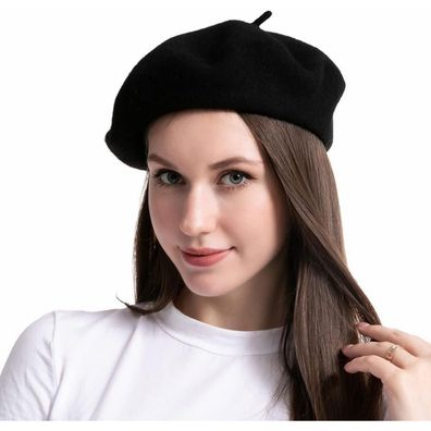 Schwarze französische Baskenmütze Damen Wollmütze warme Mütze