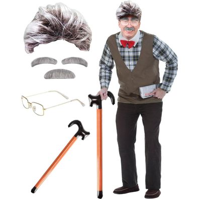 Alter Mann Opa Kostüm mit Perücke Brille Schnauzbart Spazierstock