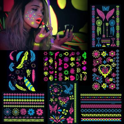 Konsait 7 Blätter Neon Tattoos temporäre UV Body Painting Party Accessoire