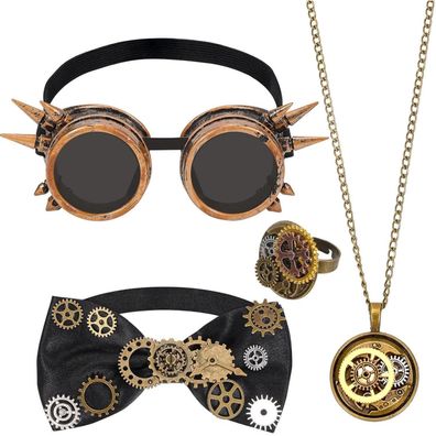 HOWAF Steampunk Kostüm Herren Brille Fliege Halskette Ring Zahnräder Punk