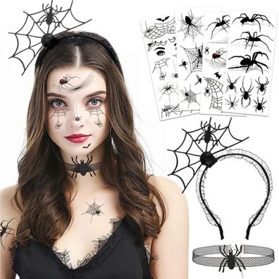 HOWAF Spinne Haarreifen Halloween Kostüm Spinnweben Stirnband Halskette Schwarz