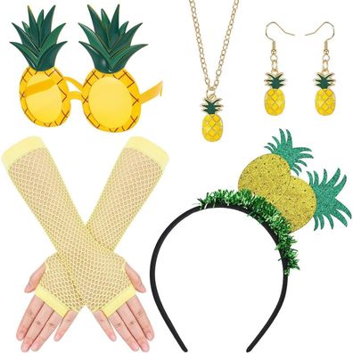 Ananas Kostüm Set Damen Haarreif Hut Haarschmuck Brille Handschuhe Halskette