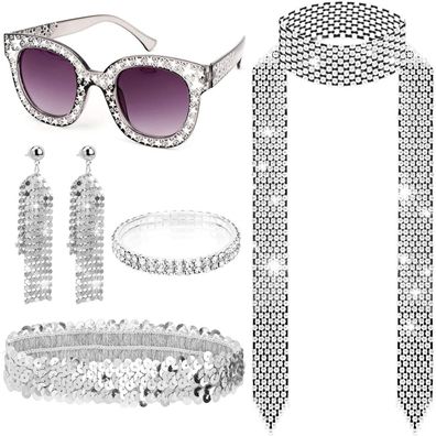 70er 80er Jahre Disco Accessoires Kostüm Set Glitzer Hut Brille Ohrringe Costume