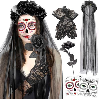 HOWAF Halloween Kostüm Damen Dia De Los Muertos Haarreif Set
