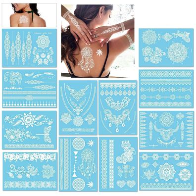 Mehndi temporäre Tätowierungen Aufkleber 12 Blatt weiß Frauen Mädchen Urlaub
