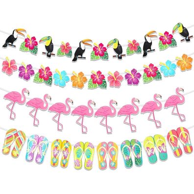 HOWAF Hawaii Flamingo Flip Flops Hibiskus Bunting Banner 4Pcs
