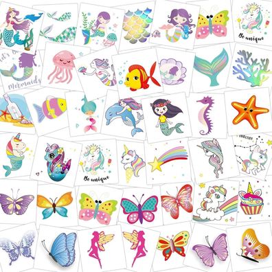 80x Glitzer Tattoo Set Schmetterling Meerjungfrau Einhorn Mädchen