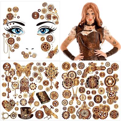 HOWAF Steampunk Tattoos Zahnräder Aufkleber Gesicht Kostüm Karneval Fasching