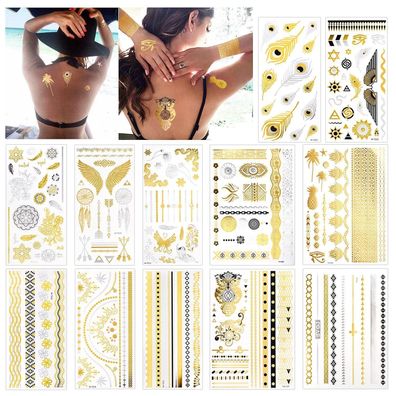 Konsait 12 Blätter Metallic temporäre Tattoos wasserfest Festival Frauen