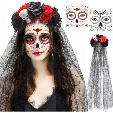 HOWAF Halloween Tag der Toten Haarreif Schleier Tattoos Stirnband Damen Kostüm