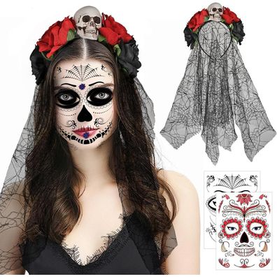 Halloween Haarreif Totenkopf Rosen Schleier Tag der Toten Haarschmuck