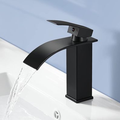 Wasserfall Badarmatur Schwarz Matt Mischbatterie Waschtisch 232mm