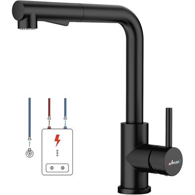 Niederdruck Armatur Küche Schwarz - 3 Anschlüsse - Ausziehbar - 2 Strahlarten