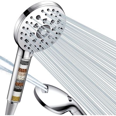 Duschkopf mit Filter 15-Filtration Hochdruck Handbrause 7 Strahlarten Silber