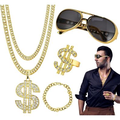 Goldene Dollar Kette Set 70er 80er 90er Jahre Hip Hop Rapper Accessoires
