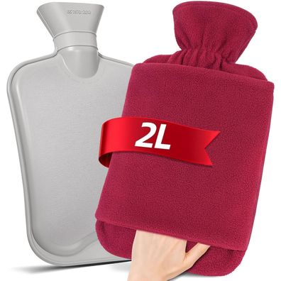 MUPAS Wärmflasche 2L Vliesbezug Kängurutasche Naturkautschuk Rot