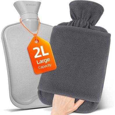 Wärmflasche 2L mit Vliesbezug Kängurutasche Naturkautschuk Grau