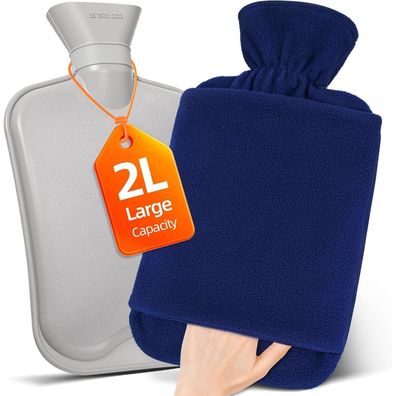 MUPAS Wärmflasche 2L Vliesbezug Auslaufsicher Känguru Tasche Blau