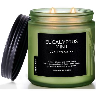 Duftkerze Eukalyptus Minze 330g 70h brennend 2 Docht Glas Sojawachs