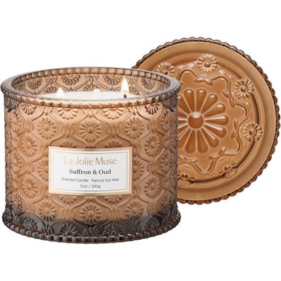 Große Safran Oud Duftkerze 2-Docht Sojakerze 340g Luxusglas 60h