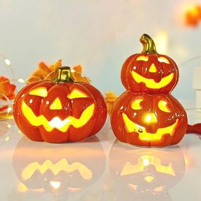 2er Set Herbstdeko Kürbis Deko Keramik Halloween Laterne LED Helloween