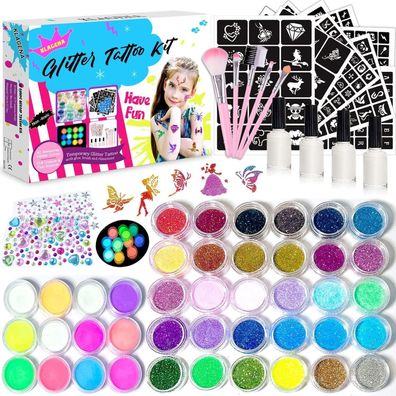 Glitzer Tattoo Set Kinder Glitzertattoos 42 Farben Schablonen Strass Pinsel