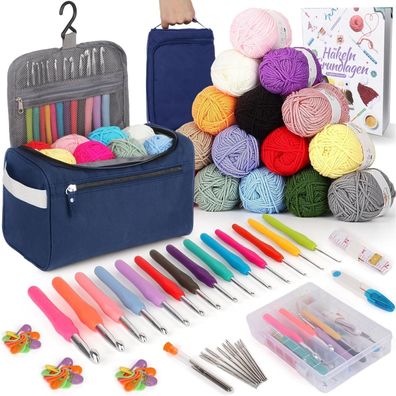Häkelset für Anfänger mit 15 Wolle, Tasche, Zubehör, Ergonomische Nadeln