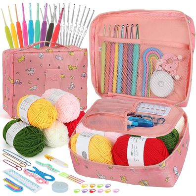 Coopay Häkelset Anfänger 58 Stück Rosa Katze Häkelnadel Set Wolle Tragbar Tasche